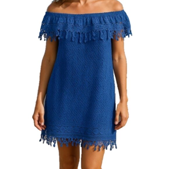 Elie Tahari Dresses & Skirts - Elie Tahari Dress Blue Size 4 NWT Crochet Off Shoulder Tank Overlay MSRP $398